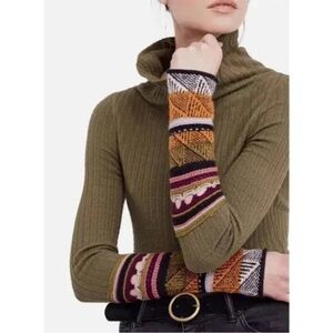 Free People Olive Cowl Neck Sweater with Colorful Sleeves